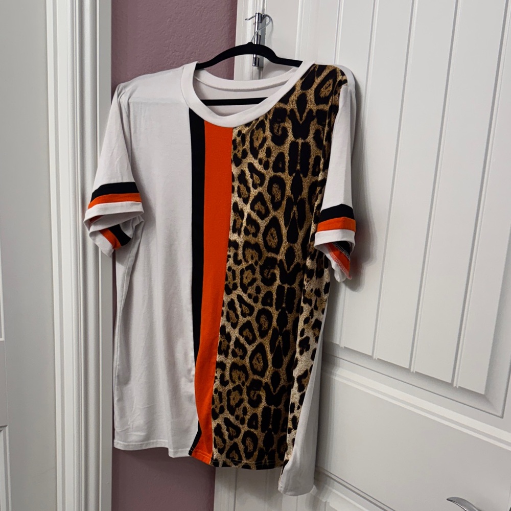 Leopard Print and Striped Short Sleeve Tee